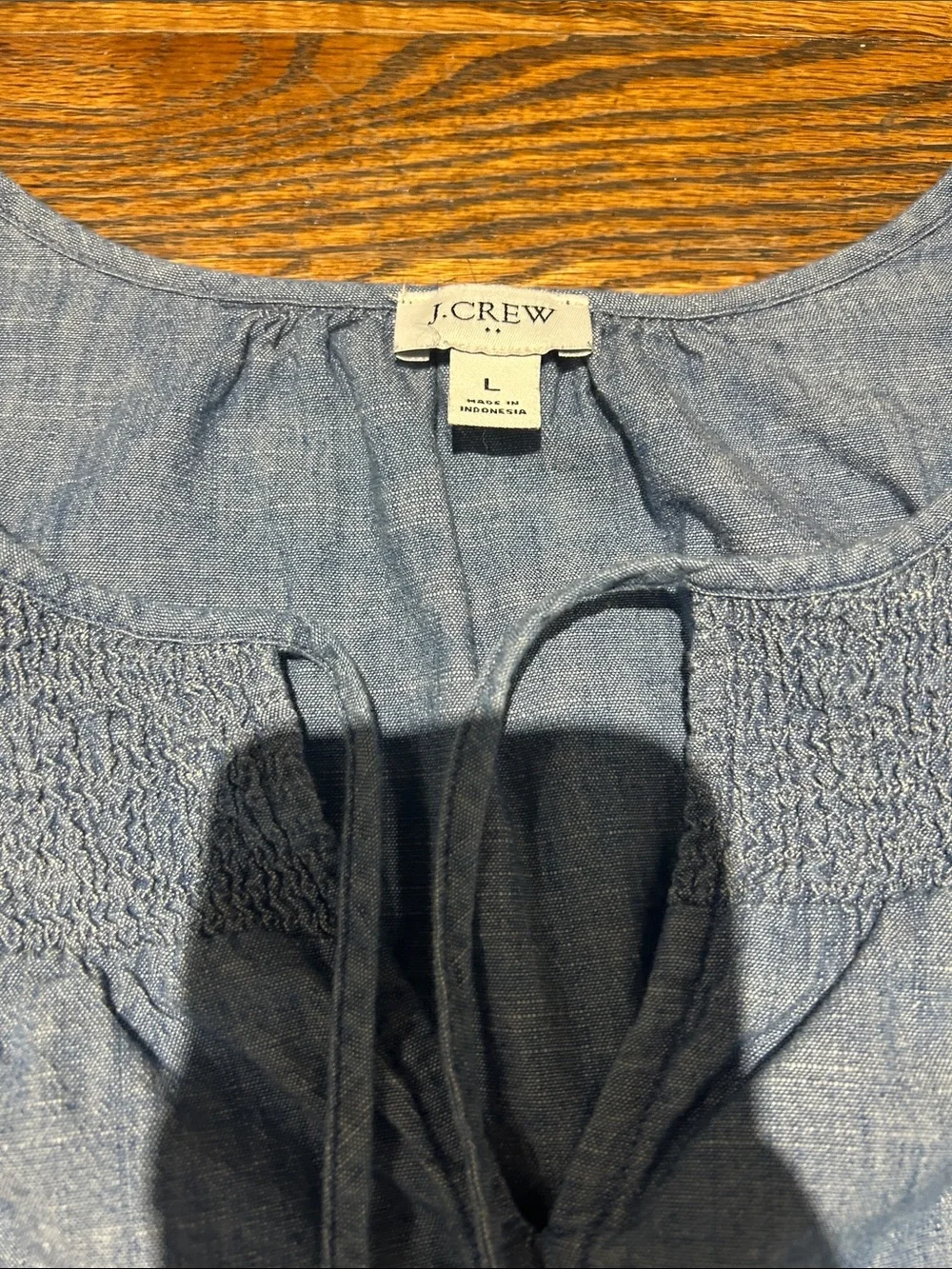 J. Crew Chambray Blue Smocked Yoke Long-Sleeve Top